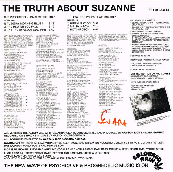 Image of Back Cover of 2724214E: LP - SWARA SAMRAT, The Truth About Suzanne (Coloured Rain; CR 016/93, Germany 1995, Limited edition of 450 copies)   VG/VG+