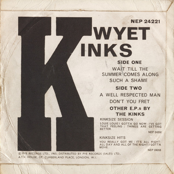 Image of Back Cover of 2824200E: 7" EP - THE KINKS, Kwyet Kinks (Pye; NEP 24221, UK 1965, Laminated Flipback Sleeve, Mono) Writing On Rear Sleeve  VG/VG