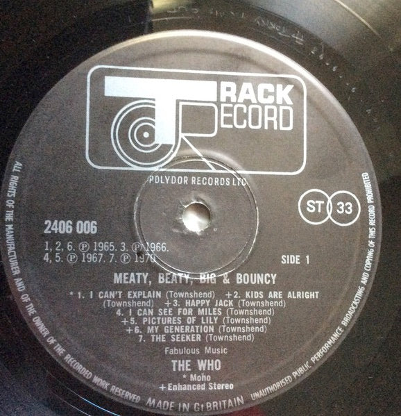 Image of Label Cover of LP - VG/VG - THE WHO, Meaty Beaty Big and Bouncy (Track Record; 2406 006, UK 1970s Reissue, Gatefold, A PORKY PRIME CUT/MASTEROOM), Light marks only,  - 4016391C