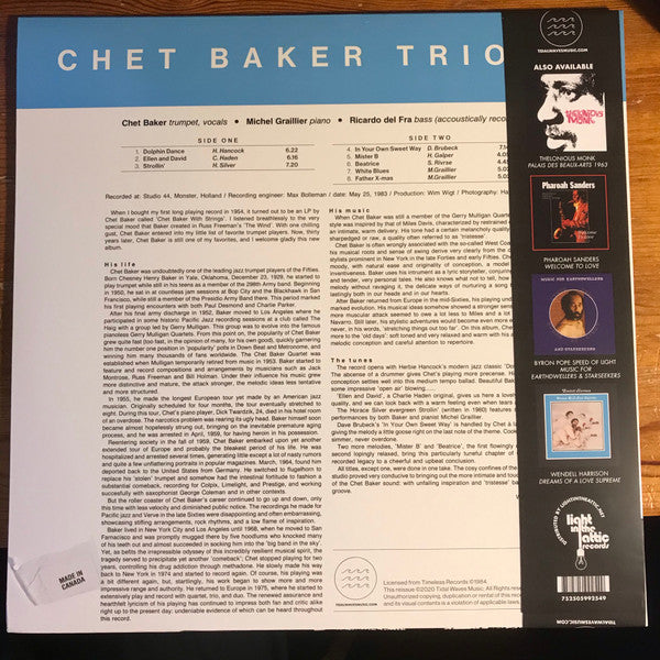 Image of Back Cover of 2824011E: LP - CHET BAKER TRIO, Mr. B (Tidal Waves Music; TWM56, UK & Europe 2020, Picture Sleeve, RSD Limited Edition, no obi)   VG+/VG+