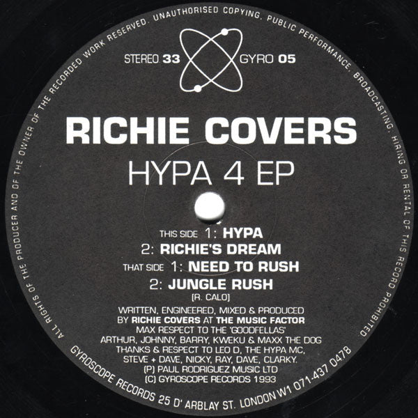 Image of Front Cover of 12" - VG/G+ - RICHIE COVERS, Hypa 4 EP (Gyroscope Records; GYRO 05, UK 1993, Die Cut Company Sleeve), a few light marks and a warp, plays well though. Sleeve has some edge & ring wear., A1 - HypaA2 - Richie's DreamB1 - Need To RushB2 - Jungle Rush - 2626061E
