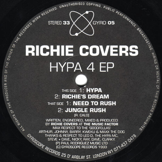 Image of Front Cover of 12" - VG/G+ - RICHIE COVERS, Hypa 4 EP (Gyroscope Records; GYRO 05, UK 1993, Die Cut Company Sleeve), a few light marks and a warp, plays well though. Sleeve has some edge & ring wear., A1 - HypaA2 - Richie's DreamB1 - Need To RushB2 - Jungle Rush - 2626061E