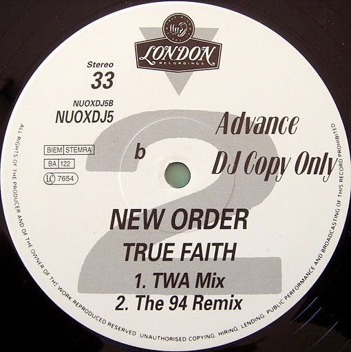 Image of Label Cover of 12" - VG/VG+ - NEW ORDER, True Faith (London Records; NUOXDJ5, UK 1994, Promo, Die Cut Sleeve, Blue Inner), , A1	True Faith (Perfecto Mix) A2	True Faith (Sexy Disco Dub) B1	True Faith (TWA Mix) B2	True Faith (94 Remix) - 1816481C