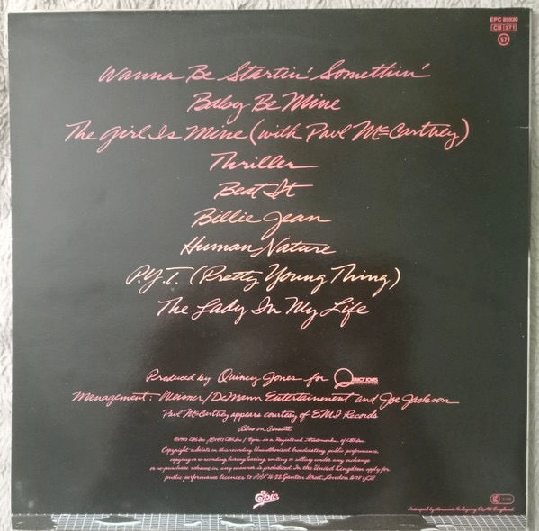 Image of Back Cover of LP - VG/VG - MICHAEL JACKSON, Thriller (Epic Blue & Yellow; EPC 85930, UK 1982, Gatefold, Inner, Quincy Jones logo at 10 o'clock on label), WOL,  - 3826108E
