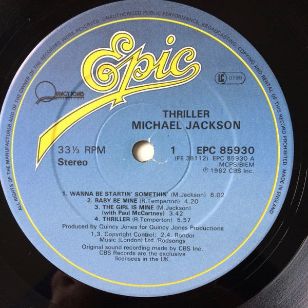 Image of Label Cover of LP - VG/VG - MICHAEL JACKSON, Thriller (Epic Blue & Yellow; EPC 85930, UK 1982, Gatefold, Inner, Quincy Jones logo at 10 o'clock on label), WOL,  - 3826108E