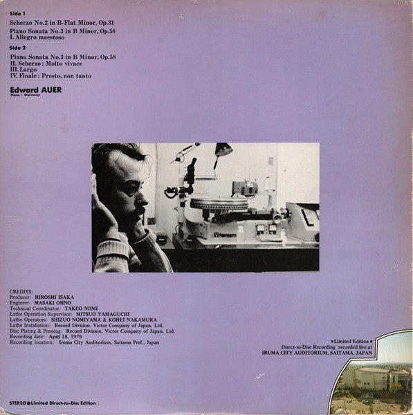 Image of Back Cover of 2824106E: 10" LP - EDWARD AUER, Chopin: Scherzo No.2 In B-Flat Minor, Op.31 / Piano Sonata No.3 In B Minor, Op.58 (RCA Red Seal; RDCE-7, Japan 1978, Gatefold, Booklet, Direct To Disc )   VG+/VG+