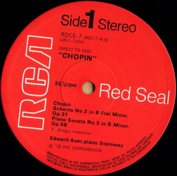 Image of Label Cover of 2824106E: 10" LP - EDWARD AUER, Chopin: Scherzo No.2 In B-Flat Minor, Op.31 / Piano Sonata No.3 In B Minor, Op.58 (RCA Red Seal; RDCE-7, Japan 1978, Gatefold, Booklet, Direct To Disc )   VG+/VG+