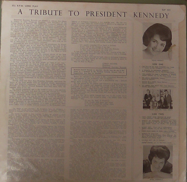 Image of Back Cover of 2824108E: LP - VARIOUS, A Tribute To President Kennedy (Shamrock Souvenir Records Green Label; SLP 501, Ireland Reissue)   VG/VG+