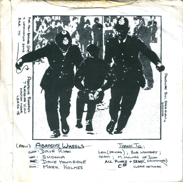 Image of Back Cover of 3924218E: 7" - ABRASIVE WHEELS, The Army Song (ABW EP) (Abrasive Records; ABW 1, UK 1981, Picture Sleeve) Sleeve Torn And Stained  F/VG