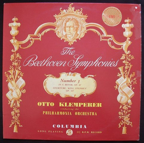 Image of Front Cover of 2824113E: LP - OTTO KLEMPERER CONDUCTING THE PHILHARMONIA ORCHESTRA, The Beethoven Symphonies: Number 5 In C Minor Op. 67 / Overture 'King Stephen' Op. 117 (Columbia Light Blue and Silver Inteference Pattern Label; SAX 2373, UK 1960, Laminated Flipback Sleeve)   VG+/VG+