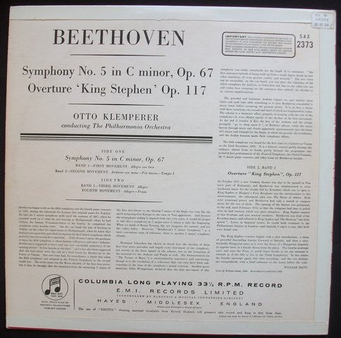 Image of Back Cover of 4824092E: LP - OTTO KLEMPERER CONDUCTING THE PHILHARMONIA ORCHESTRA, The Beethoven Symphonies: Number 5 In C Minor Op. 67 / Overture 'King Stephen' Op. 117 (Columbia Light Blue and Silver Inteference Pattern Label; SAX 2373, UK 1960, Laminated Flipback Sleeve)   VG/VG