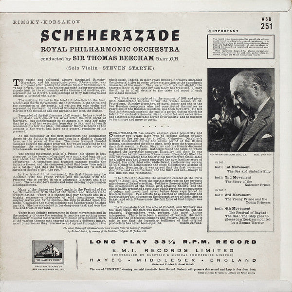 Image of Back Cover of 2824115E: LP - SIR THOMAS BEECHAM, ROYAL PHILHARMONIC ORCHESTRA, Rimsky-Korsakov: Scheherazade (HMV Cream and Gold; ASD 251, UK 1958 Reissue, Laminated Straight Flipback Sleeve, 5-10, 6-10 Matrix, Hawkes Publishing on Label)   VG+/VG+