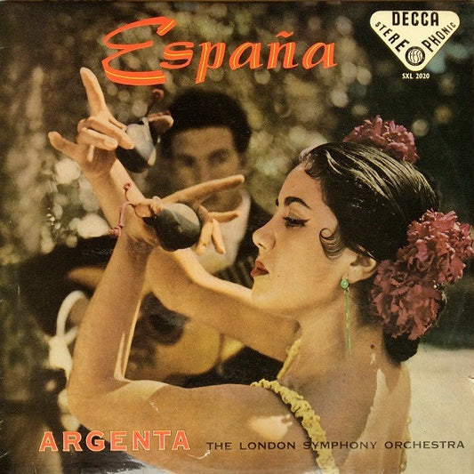 Image of Front Cover of 2824116E: LP - ATAULFO ARGENTA, THE LONDON SYMPHONY ORCHESTRA, Rimsky-Korsakov: Capriccio Espagnol, Chabrier: Espa a, Moszkowski: Spanish Dances (Decca Black Unboxed Wideband - Original Recording at 11 O'Clock - Grooved ED1, Recording First Published Below Cat No on Label; SXL 2020, UK 1960s Reissue, Fully Laminated  Scalloped Flipback Sleeve, Printed Poly Lined Inner Sleeve, ED1 - No Blue Border on Rear Sleeve, 5E/4E, 59/4 Date on Rear Sleeve) 3cm Tear at Top of Sleeve Opening, Othe