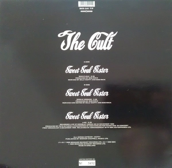 Image of Back Cover of 2844122S: LP - THE CULT, Sweet Soul Sister (Beggars Banquet; BEG 241TP, UK 1990, Die Cut Sleeve, Limited Edition Picture Disc) Strong VG, Small tear to bottom of die cut sleeve  VG/VG