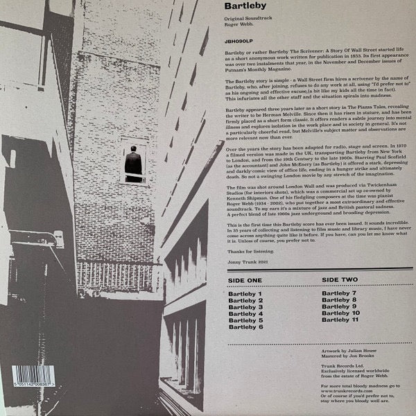 Image of Back Cover of 2844124S: LP - ROGER WEBB, Bartleby (Original Soundtrack Recording) (Trunk Records; JBH090LP, UK 2021, Clear Vinyl) Strong VG+  VG+/VG+