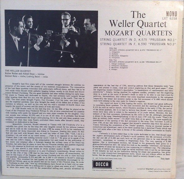 Image of Back Cover of 2824282E: LP - MOZART, THE WELLER QUARTET, Quartets K.575 In D "Prussian No.1" / K.590 In F "Prussian No. 3" (Decca ; LXT 6258, UK 1967, Laminated Front Sleeve, Mono) Corner Bumps, Slight Spine Damage, Writing On Rear sleeve  VG/EX