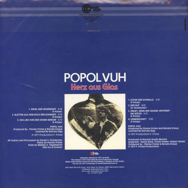 Image of Back Cover of LP - VG+/VG+ - POPOL VUH, Herz Aus Glas (Wah Wah; LPS160DE, Spain 2015 Reissue, Insert, Clear Vinyl), Stickered plastic outer, opened at top,  - 1926410E