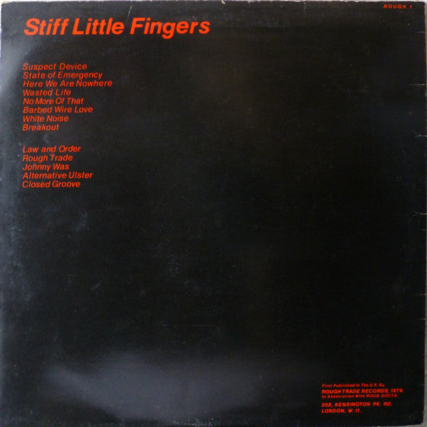 Image of Back Cover of 3624342E: LP - STIFF LITTLE FINGERS, Inflammable Material (Rough Trade; ROUGH 1, UK 1979, Inner, WEA Press, 'Rigid Digits' Credit) A Few Small Spots Of Something Spilled on Vinyl Which Produce Very Slight Clicks - Otherwise Plays Strong VG+  VG+/VG