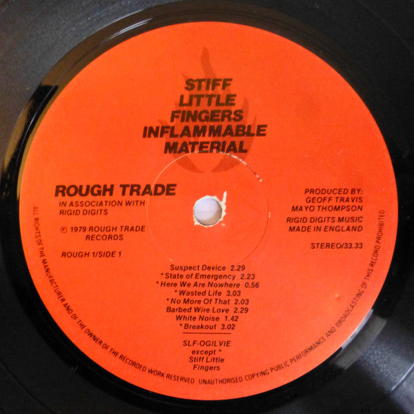 Image of Label of 3624342E: LP - STIFF LITTLE FINGERS, Inflammable Material (Rough Trade; ROUGH 1, UK 1979, Inner, WEA Press, 'Rigid Digits' Credit) A Few Small Spots Of Something Spilled on Vinyl Which Produce Very Slight Clicks - Otherwise Plays Strong VG+  VG+/VG