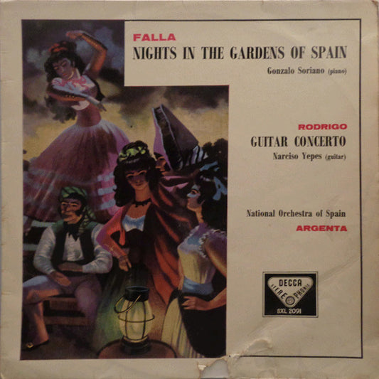 Image of Front Cover of 2824275E: LP - FALLA, GONZALO SORIANO, RODRIGO, NARCISO YEPES, NATIONAL ORCHESTRA OF SPAIN, ARGENTA, Nights In The Gardens Of Spain / Guitar Concerto (Decca ; SXL 2091, UK 1959, Laminated Scalloped Flipback Sleeve, Stereo, 8-59 Date On Rear Sleeve - First Pressing) Damage To Upper Flipback  VG/VG+