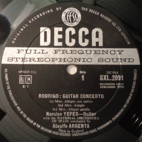 Image of Label Cover of 2824275E: LP - FALLA, GONZALO SORIANO, RODRIGO, NARCISO YEPES, NATIONAL ORCHESTRA OF SPAIN, ARGENTA, Nights In The Gardens Of Spain / Guitar Concerto (Decca ; SXL 2091, UK 1959, Laminated Scalloped Flipback Sleeve, Stereo, 8-59 Date On Rear Sleeve - First Pressing) Damage To Upper Flipback  VG/VG+