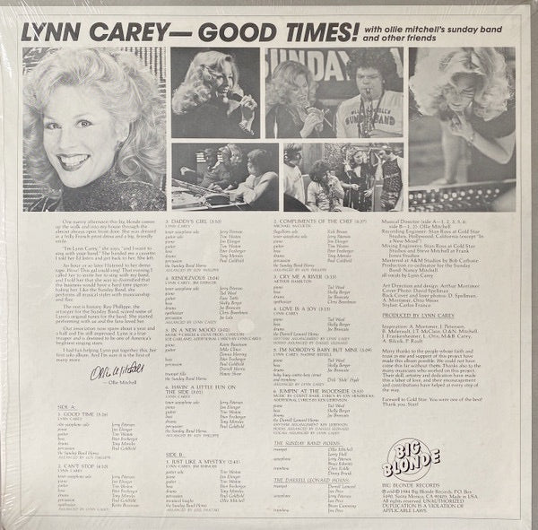 Image of Back Cover of 2814180C: LP - LYNN CAREY, Good Times! (Big Blonde; BB 1001, US 1984, Insert) Some wear and scuffs at edges and corners. Small split at bottom edge too  VG/VG+