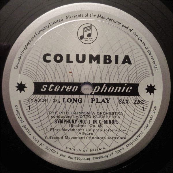 Image of Label Cover of 2824273E: LP - BRAHMS, PHILHARMONIA ORCHESTRA, OTTO KLEMPERER, Symphony No. 1 In C Minor (Columbia ; SAX 2262, UK 1958, Laminated Flipback Sleeve, Company Inner, Gold Stereo Sticker On Sleeve, Stereo, First Pressing - Straight Rather Than Scalloped Flipbacks) Strong VG+  VG+/VG+