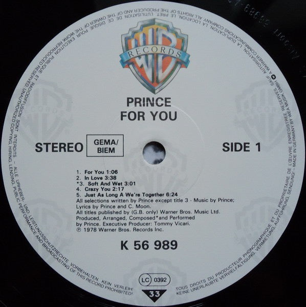 Image of Label Cover of LP - VG/VG - PRINCE, For You (Warner Bros; WB K 56 989, Germany 1984 Reissue, Inner), Lots of very fine marks to a-side. Edge wear to sleeve,  - 4316488C