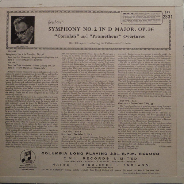 Image of Back Cover of 2824272E: LP - BEETHOVEN - OTTO KLEMPERER CONDUCTING THE PHILHARMONIA ORCHESTRA, Symphony No. 2, Coriolan And Prometheus Overtures (Columbia ; SAX 2331, UK 1960, Promo Sticker On Sleeve, Company Inner, Gold Stereo Sticker On Sleeve, Stereo, First Pressing) Very Strong VG+, Slight Damage To Sleeve Opening  VG+/VG+