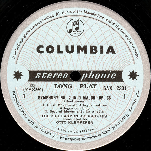 Image of Label Cover of 2824272E: LP - BEETHOVEN - OTTO KLEMPERER CONDUCTING THE PHILHARMONIA ORCHESTRA, Symphony No. 2, Coriolan And Prometheus Overtures (Columbia ; SAX 2331, UK 1960, Promo Sticker On Sleeve, Company Inner, Gold Stereo Sticker On Sleeve, Stereo, First Pressing) Very Strong VG+, Slight Damage To Sleeve Opening  VG+/VG+