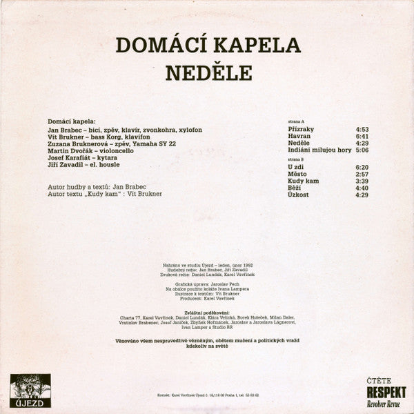 Image of Back Cover of 2814227C: LP - DOM C  KAPELA, Ned le ( jezd; UJ 0001-1 331, Czechoslovakia 1992)   VG+/VG+