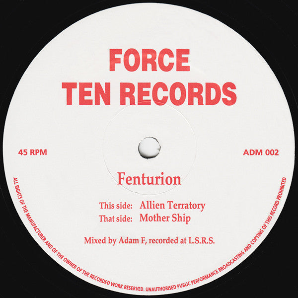 Image of Front Cover of 12" - /VG - FENTURION (ADAM F), Allien Terratory / Mother Ship (Force Ten Records; ADM 002, UK 1993, Plain Sleeve), Light marks only,  - 3226064E