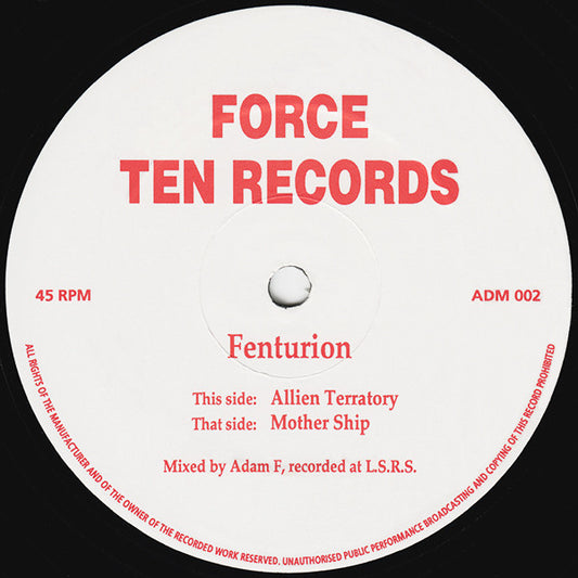Image of Front Cover of 12" - /VG - FENTURION (ADAM F), Allien Terratory / Mother Ship (Force Ten Records; ADM 002, UK 1993, Plain Sleeve), Light marks only,  - 3226064E