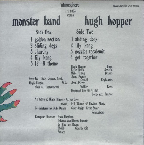 Image of Back Cover of 2814264C: LP - HUGH HOPPER, Monster Band (IRI; IRI 5003, UK 1979) Strong VG+, Light ring wear, Original hype sticker stuck to inner  VG+/VG