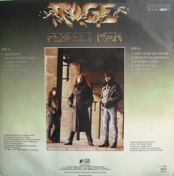 Image of Back Cover of 2814267C: LP - RAGE, Perfect Man (Noise International; N 0112-1, Germany 1988, Inner) Some hairlines and compression marks but clean, Sleeve has spine pinches  VG/VG