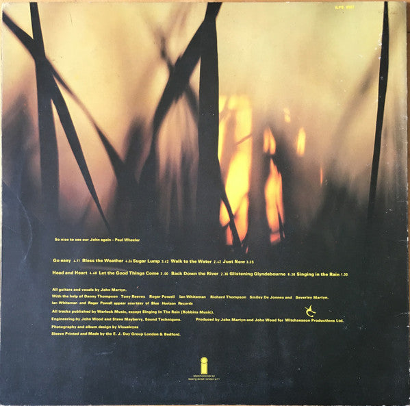 Image of Back Cover of 4944045S: LP - JOHN MARTYN, Bless The Weather (Island Pink Rim; ILPS 9167, UK 1971, Witchseason logo on both labels) Plays with surface noise throughout. Lots of light marks, A5 has pressing faults that click throughout.  VG/G