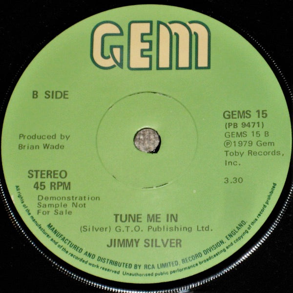 Image of Back Cover of 2814329C: 7" - JIMMY SILVER, Skin Talk And Boot Walk / Tune Me In (Gem; GEMS15, UK 1979, Promo) Record has very slight warp. Company sleeve has a few rips from middle and writing on it  G+/VG+