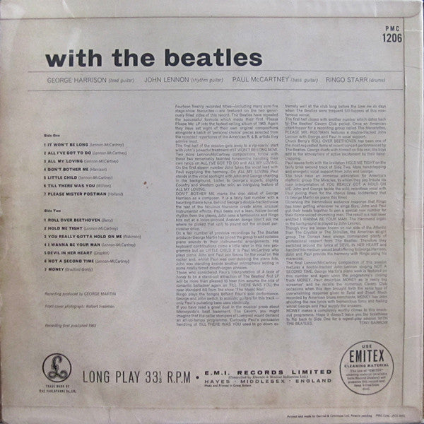 Image of Back Cover of 2824410E: LP - THE BEATLES, With The Beatles (Parlophone; PMC 1206, UK 1963, Laminated Flipback Sleeve, Mono, 'Dominion' Credit, MKT Tax Code) Some light marks on the vinyl. Discolouration/staiming to rear sleeve. Creasing on edges of sleeve and seam split at top. No tax code visible but all other details correct.  VG/VG