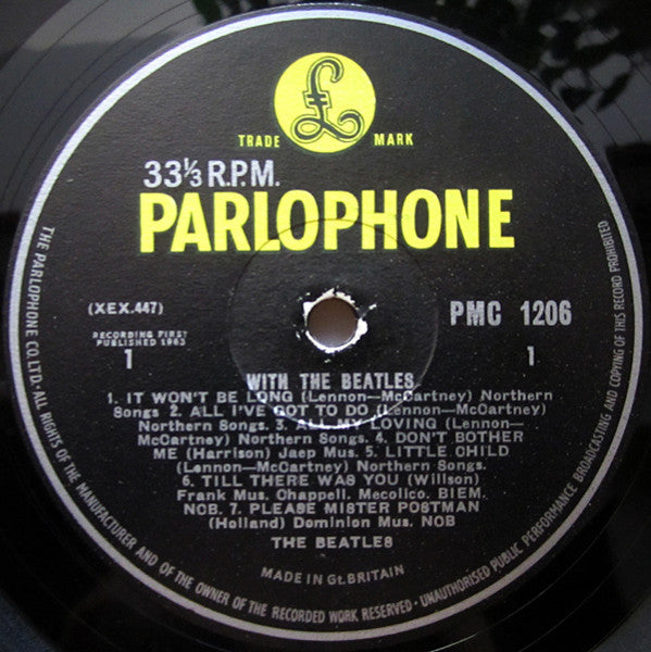 Image of Label Cover of 2824410E: LP - THE BEATLES, With The Beatles (Parlophone; PMC 1206, UK 1963, Laminated Flipback Sleeve, Mono, 'Dominion' Credit, MKT Tax Code) Some light marks on the vinyl. Discolouration/staiming to rear sleeve. Creasing on edges of sleeve and seam split at top. No tax code visible but all other details correct.  VG/VG