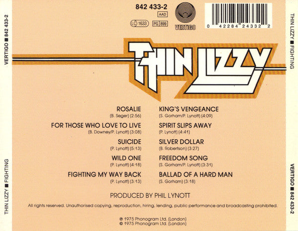 Image of Back Cover of 2854012S: CD - THIN LIZZY, Fighting (Vertigo; 842 433-2, US 1990)   VG/VG+