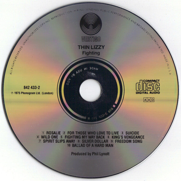 Image of Label of 2854012S: CD - THIN LIZZY, Fighting (Vertigo; 842 433-2, US 1990)   VG/VG+