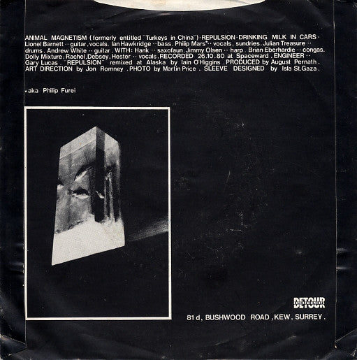 Image of Back Cover of 2824185E: 7" EP - FISH TURNED HUMAN, Animal Transport / Repulsion / Drinking Milk In Cars (Detour Entertainments ; DEEP 2, UK 1981, Picture Sleeve) Damage To Sleeve Opening  VG/VG