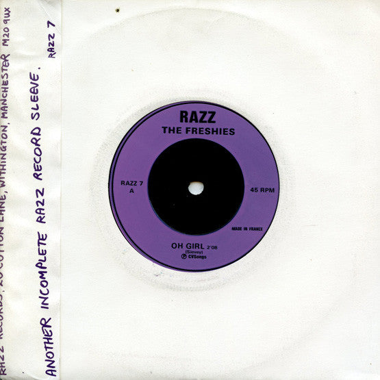 Image of Back Cover of 2824183E: 7" - THE FRESHIES, Oh Girl / No Money (Razz Records; RAZZ 7, UK 1980, Photocopy Pasted Onto Card Sleeve, Insert) Strong VG  VG+/VG