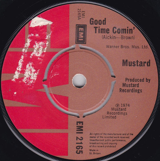 Image of Front Cover of 2824172E: 7" - MUSTARD, Good Time Comin' / I Saw I Heard (EMI ; EMI 2165, UK 1974, Company Sleeve) Strong VG+  VG+/VG+