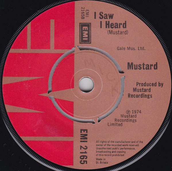 Image of Back Cover of 2824172E: 7" - MUSTARD, Good Time Comin' / I Saw I Heard (EMI ; EMI 2165, UK 1974, Company Sleeve) Strong VG+  VG+/VG+