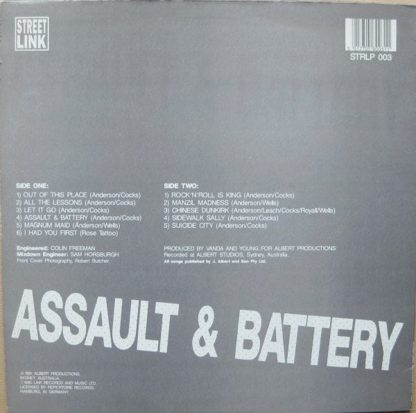 Image of Back Cover of 2914017C: LP - ROSE TATTOO, Assault & Battery (Streetlink; STRLP 003, UK 1990 Reissue, Limited Edition of 1,000, Red Vinyl) Clean Copy  VG+/VG+