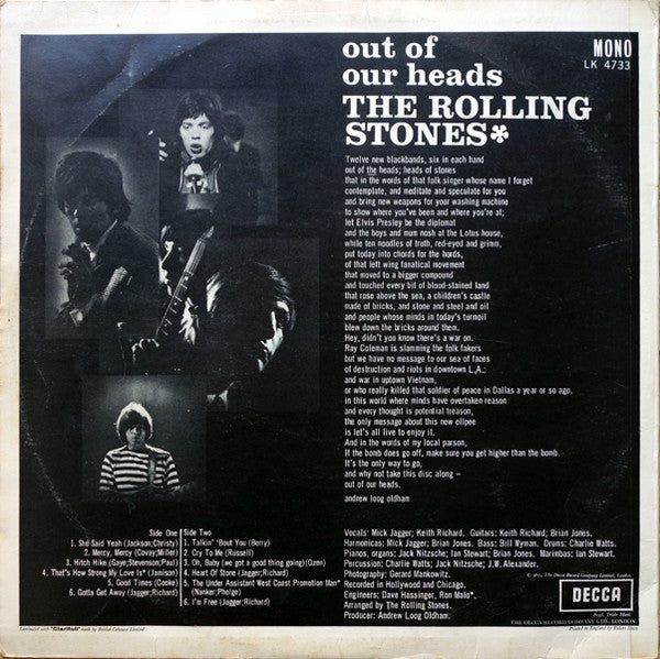 Image of Back Cover of LP - VG/G+ - THE ROLLING STONES, Out Of Our Heads (Decca; LK 4733, UK 1965, Laminated Front Sleeve, Mono), Surface noise, hairlines, scuffs, slightly dished. Creasing, discolouration, ring and edge wear.,  - 1746146S