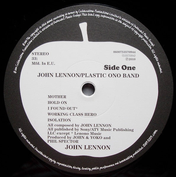 Image of Label Cover of LP - VG+/VG - JOHN LENNON / PLASTIC ONO BAND, John Lennon / Plastic Ono Band (Apple Records; 0600753570944, Europe 2015 Reissue, Inner, 180g Vinyl, Remastered), Still in shrink with hype sticker. A few unfeelable lines on disc.,  - 3746125S