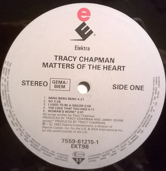 Image of Label Cover of LP - VG/G - TRACY CHAPMAN, Matters Of The Heart (Elektra; 7559-61215-1, Europe 1992, Inner, White Background Barcode), Lots of light wispy marks,  - 2416086C