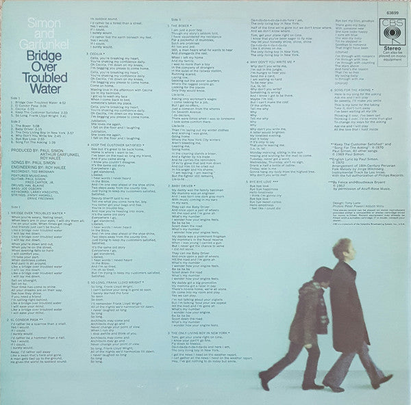 Image of Back Cover of LP - VG/VG+ - SIMON AND GARFUNKEL, Bridge Over Troubled Water (CBS Orange (33 1/3 On Label); 63699, UK 1970, Matte Sleeve), ,  - 3226083E